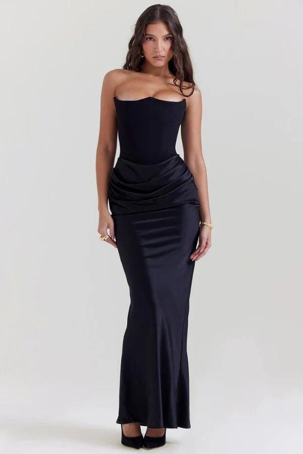 Women's Gown Strapless Corset Satin Structured Bodice Maxi Length