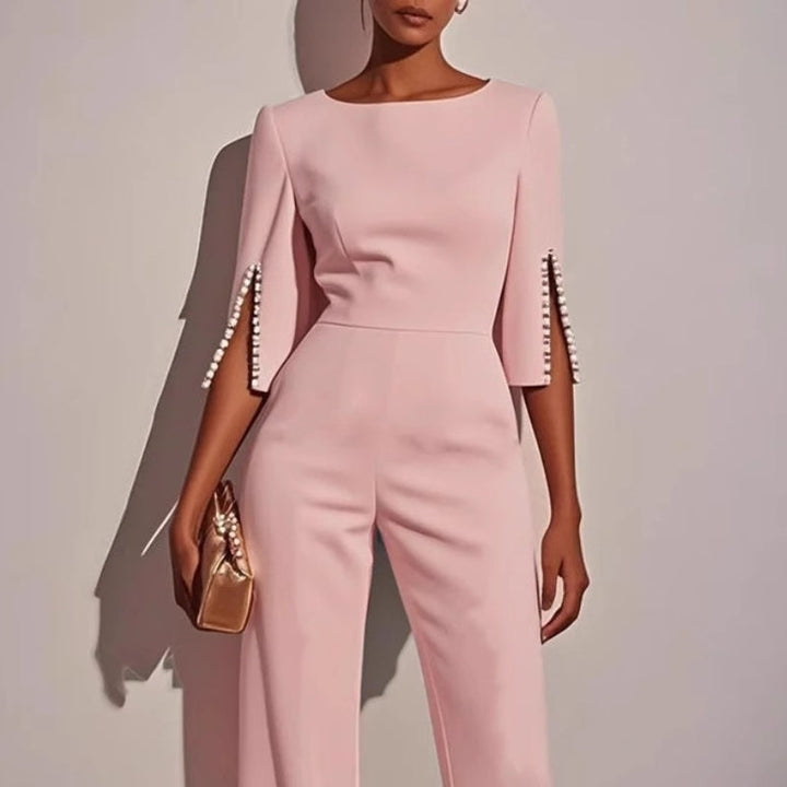Women's Jumpsuit Velvet Wide Leg Boat Neck 3/4 Sleeve Pearl Trim – Formal