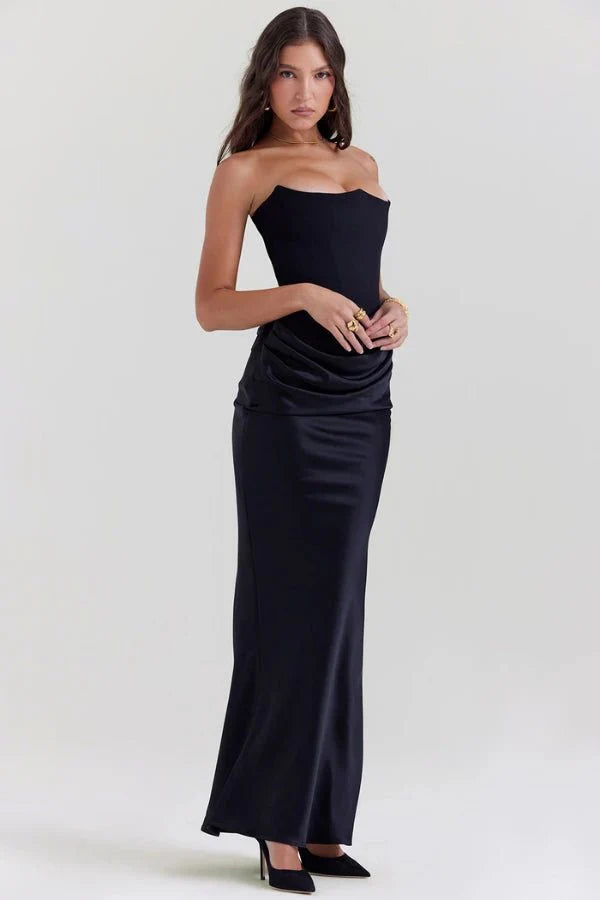 Women's Gown Strapless Corset Satin Structured Bodice Maxi Length
