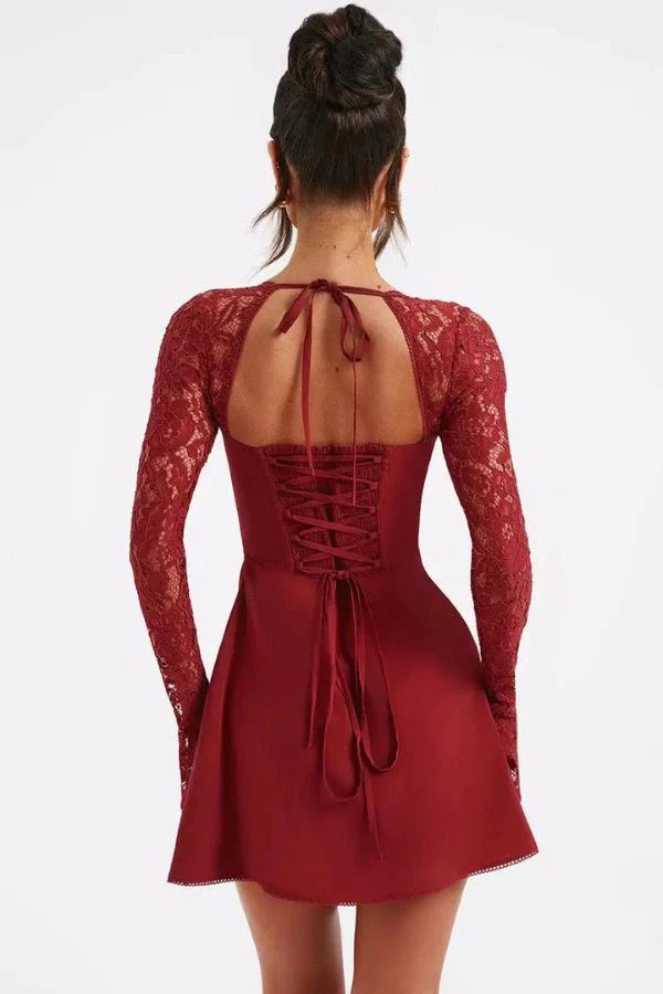 Women's Mini Dress Lace Floral Structured Cup Flare Sleeve Fitted