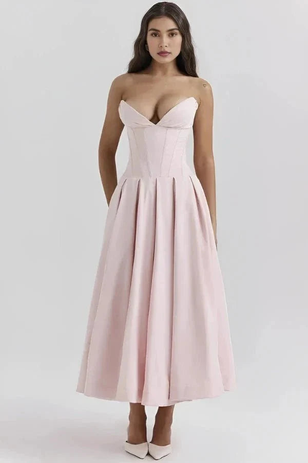 Women's Midi Dress Strapless Boned Bodice Full Skirt Zip Back