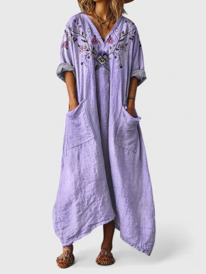 Floral Women's Dress V-Neck Viscose Short Sleeve Maxi Casual