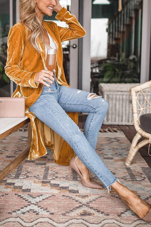 Women's Coat Velvet Long Sleeve Longline Open Front Casual Wear