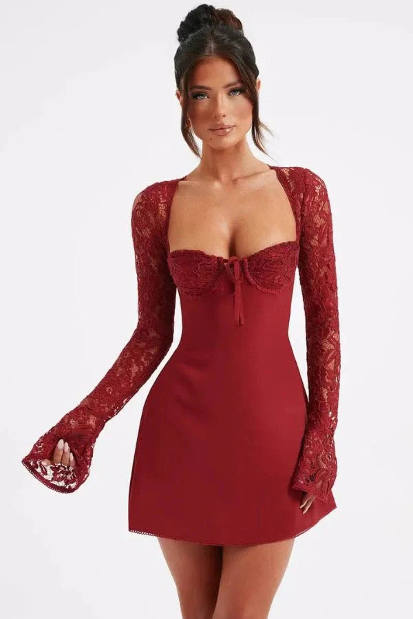Women's Mini Dress Lace Floral Structured Cup Flare Sleeve Fitted