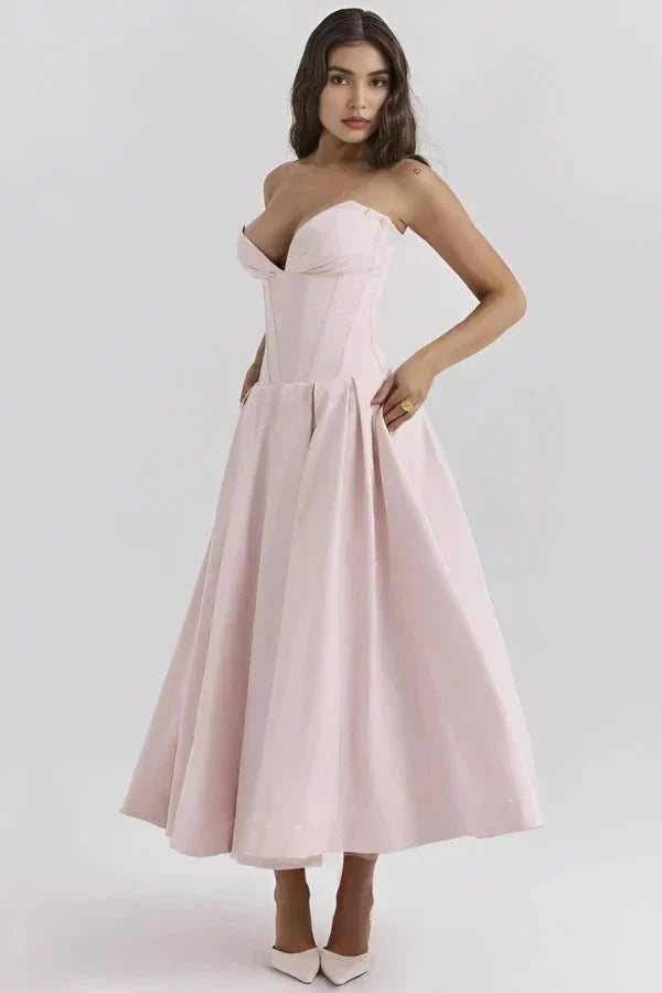 Women's Midi Dress Strapless Boned Bodice Full Skirt Zip Back