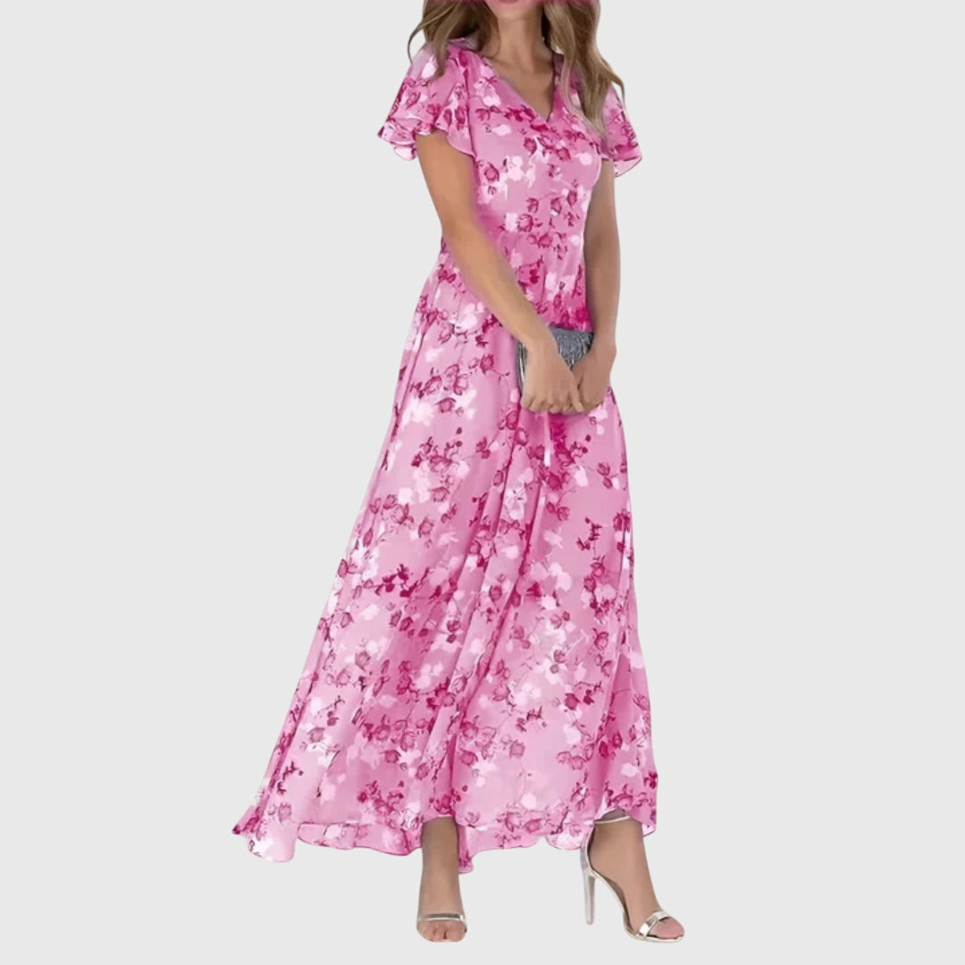 Women's Maxi Dress Floral Slim Fit Short Sleeve V-Neck