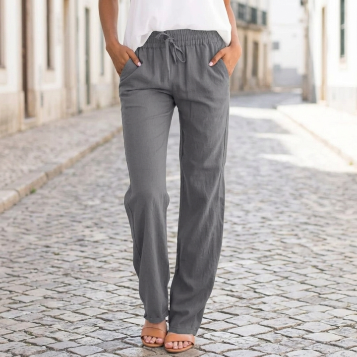 Women Linen Pants Elastic Waist Drawstring Straight Leg Casual