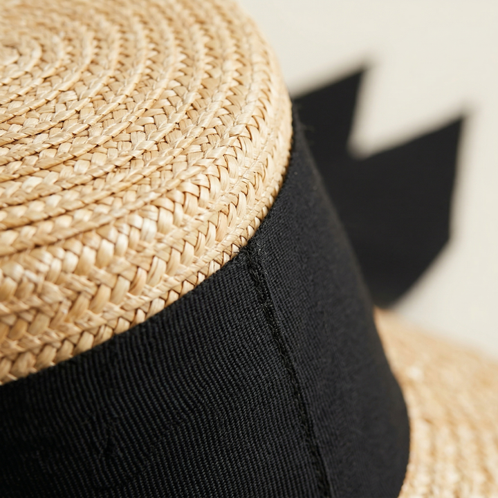 Straw Hat Wide Brim Flat Top Bow Detail Band Women