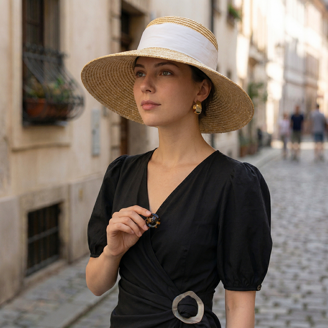 Straw Hat Wide Brim Flat Top Bow Detail Band Women