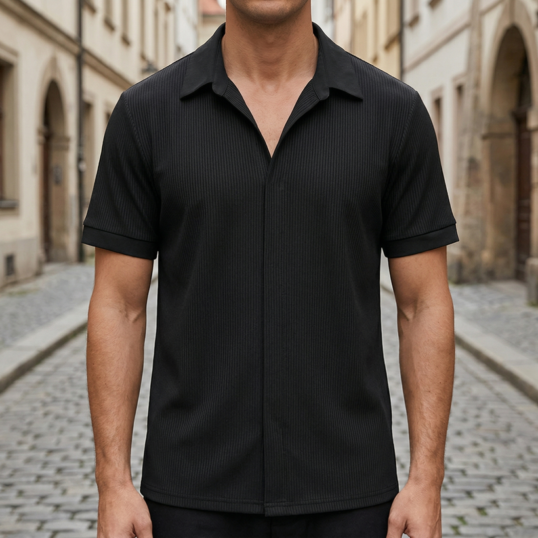 Short Sleeve Shirt Ribbed Open Collar Casual Men