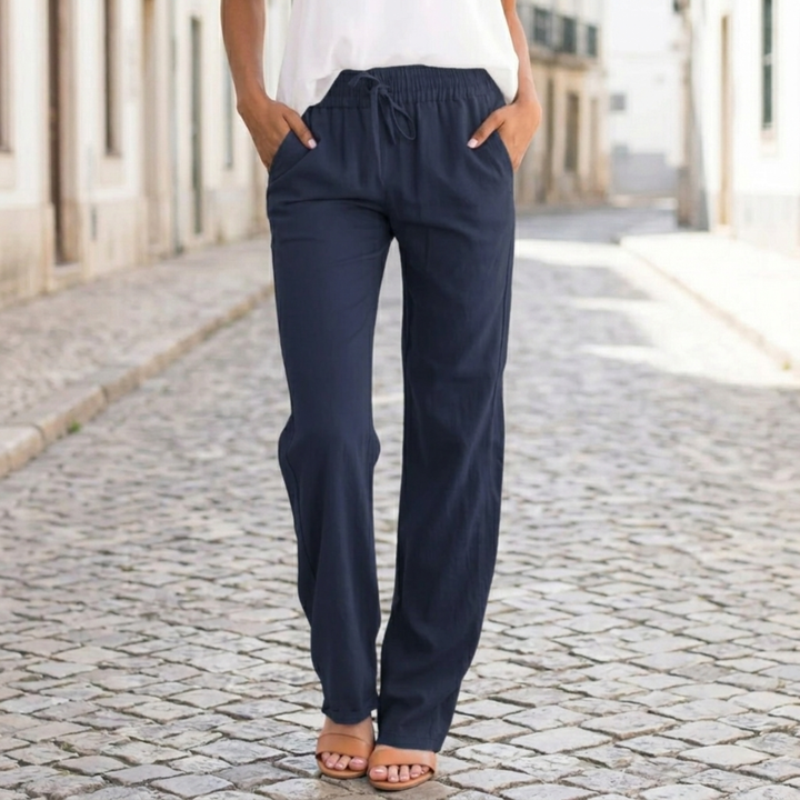Women Linen Pants Elastic Waist Drawstring Straight Leg Casual