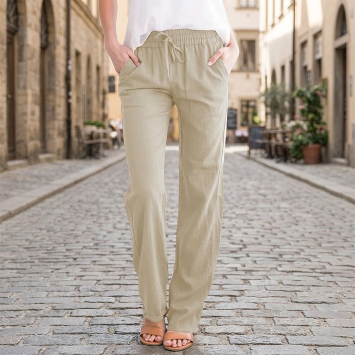 Women Linen Pants Elastic Waist Drawstring Straight Leg Casual