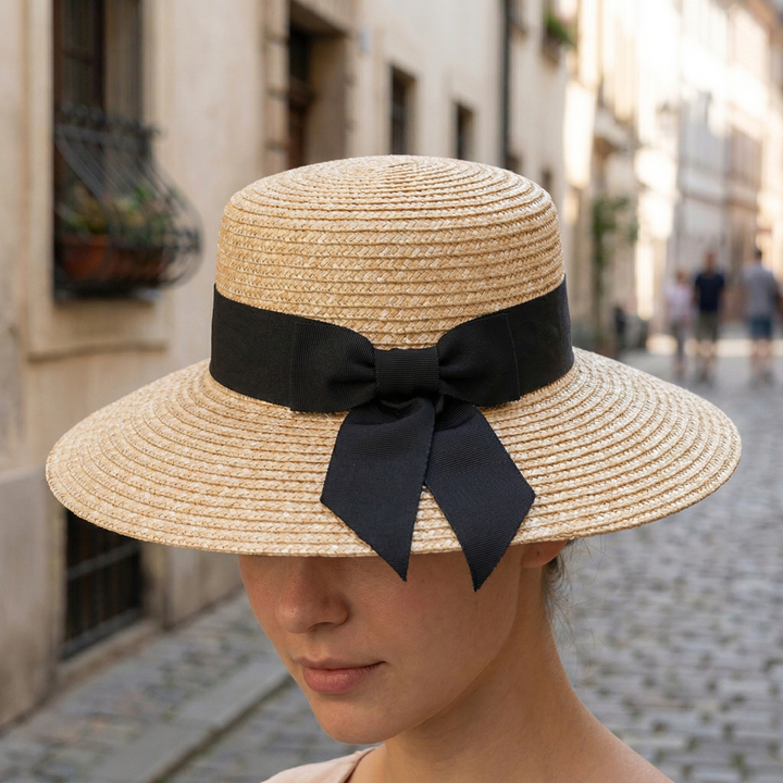 Straw Hat Wide Brim Flat Top Bow Detail Band Women