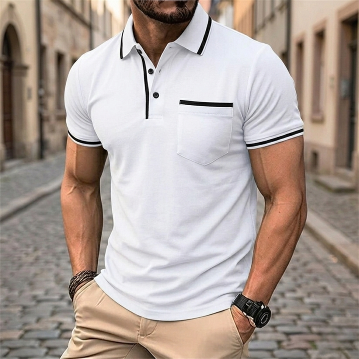Polo Shirt Short Sleeve Contrast Trim Pocket Slim Fit Men