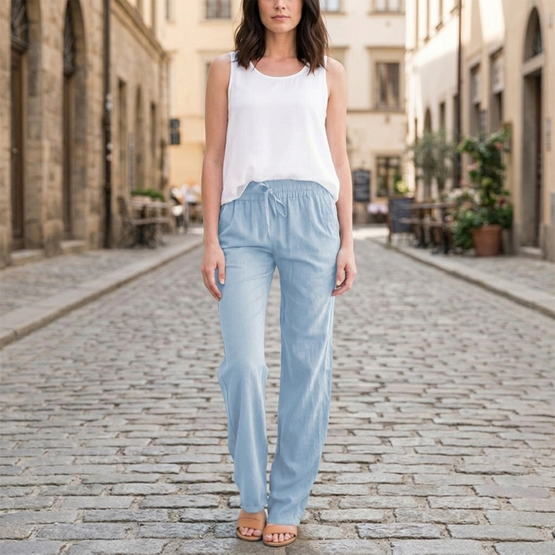 Women Linen Pants Elastic Waist Drawstring Straight Leg Casual