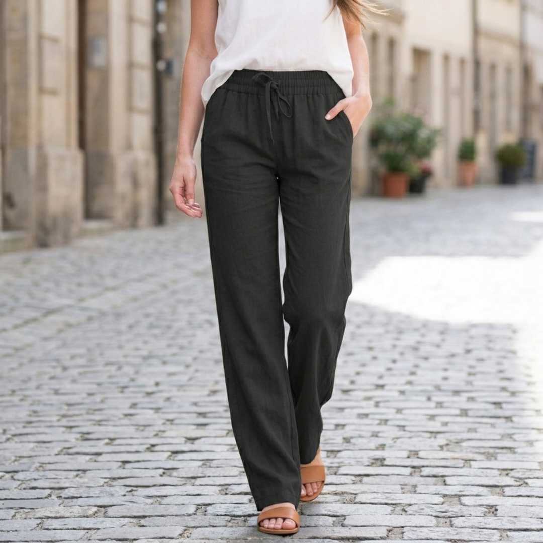 Women Linen Pants Elastic Waist Drawstring Straight Leg Casual