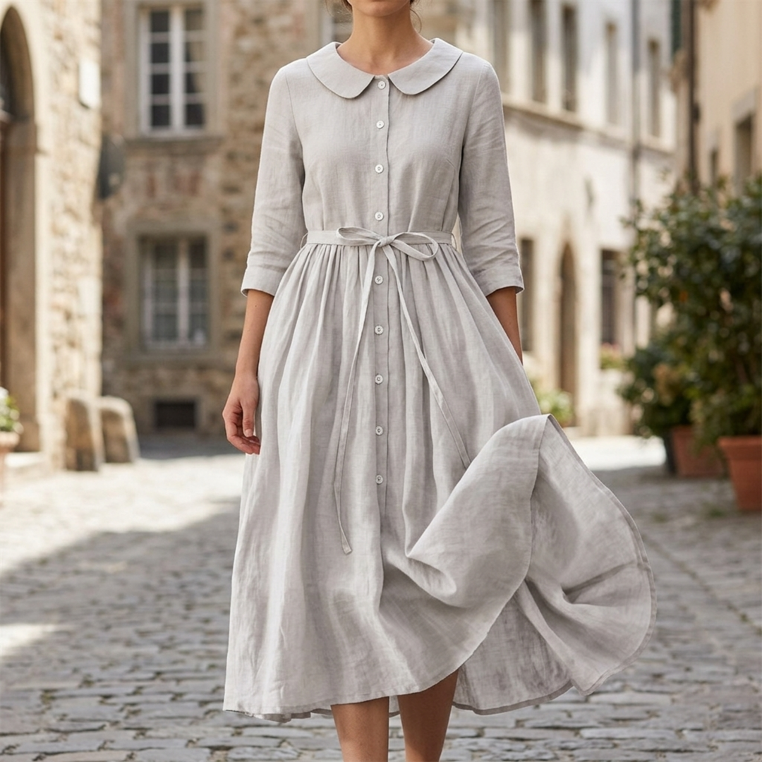 Midi Dress Button Front Tie Waist Short Sleeve Women