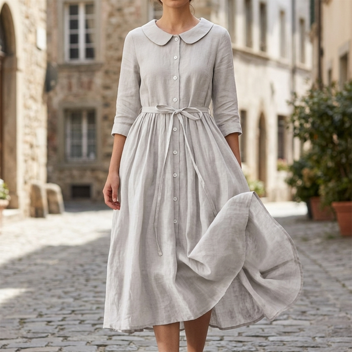 Midi Dress Button Front Tie Waist Short Sleeve Women