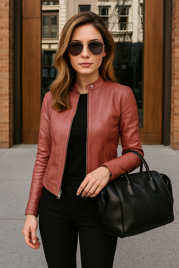 Women's Leather Jacket Slim Fit Mao Collar Long Sleeve