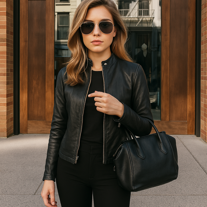Women's Leather Jacket Slim Fit Mao Collar Long Sleeve