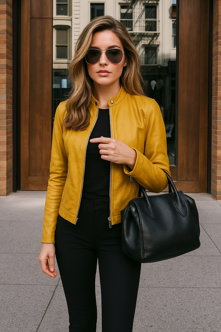 Women's Leather Jacket Slim Fit Mao Collar Long Sleeve