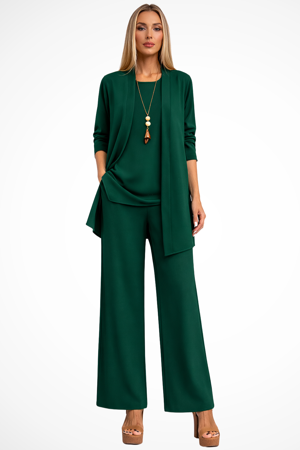 Women's Three Piece Set Sleeveless Top Long Sleeve Open Cardigan Wide Leg Trousers
