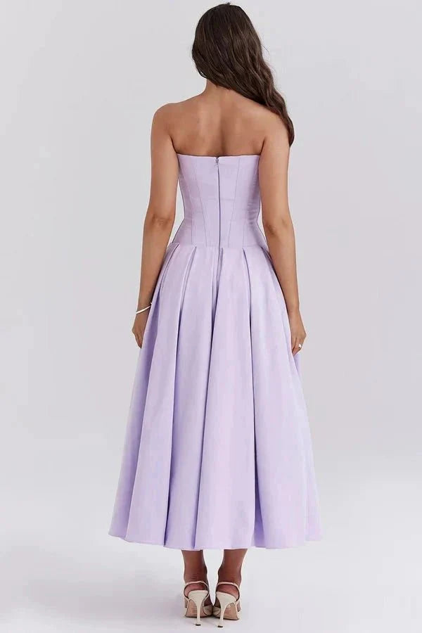 Women's Midi Dress Strapless Boned Bodice Full Skirt Zip Back