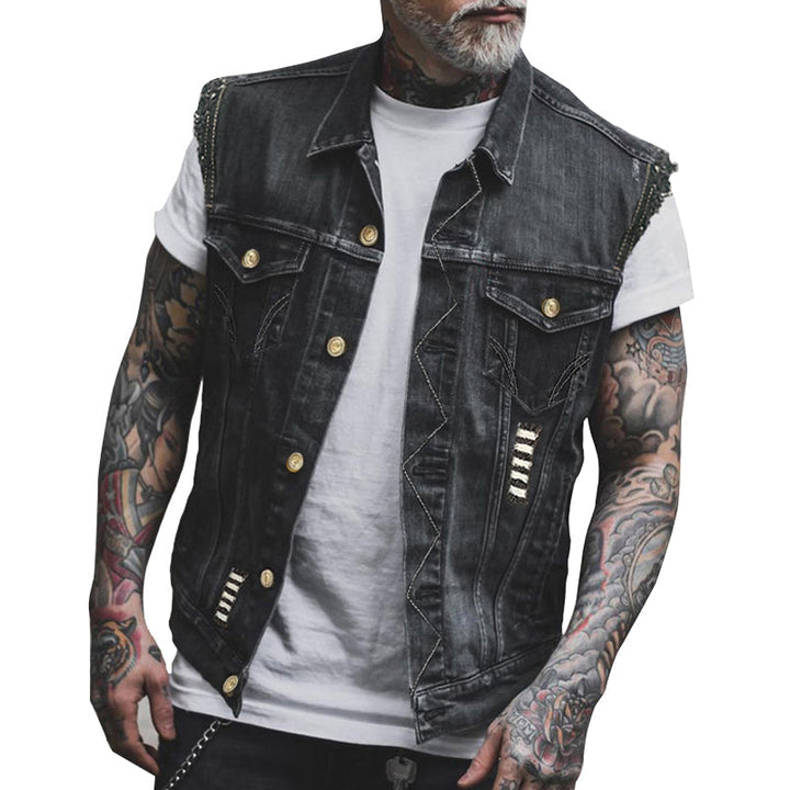 Men's Vest Denim Sleeveless Button-Up Pockets Casual