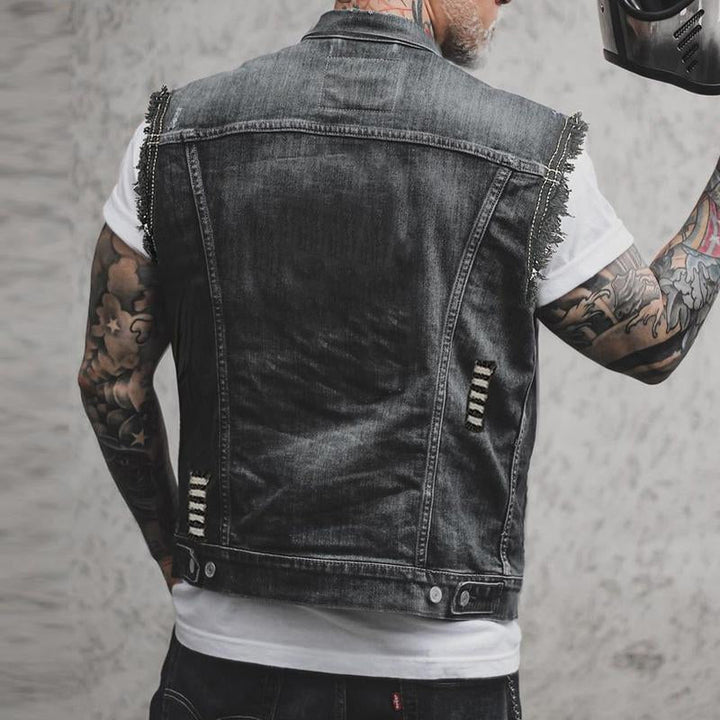 Men's Vest Denim Sleeveless Button-Up Pockets Casual