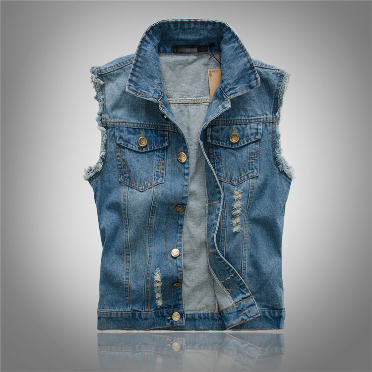 Men's Vest Denim Sleeveless Button-Up Pockets Casual