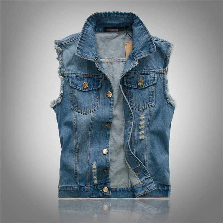 Men's Vest Denim Sleeveless Button-Up Pockets Casual