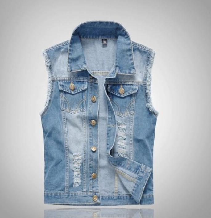 Men's Vest Denim Sleeveless Button-Up Pockets Casual