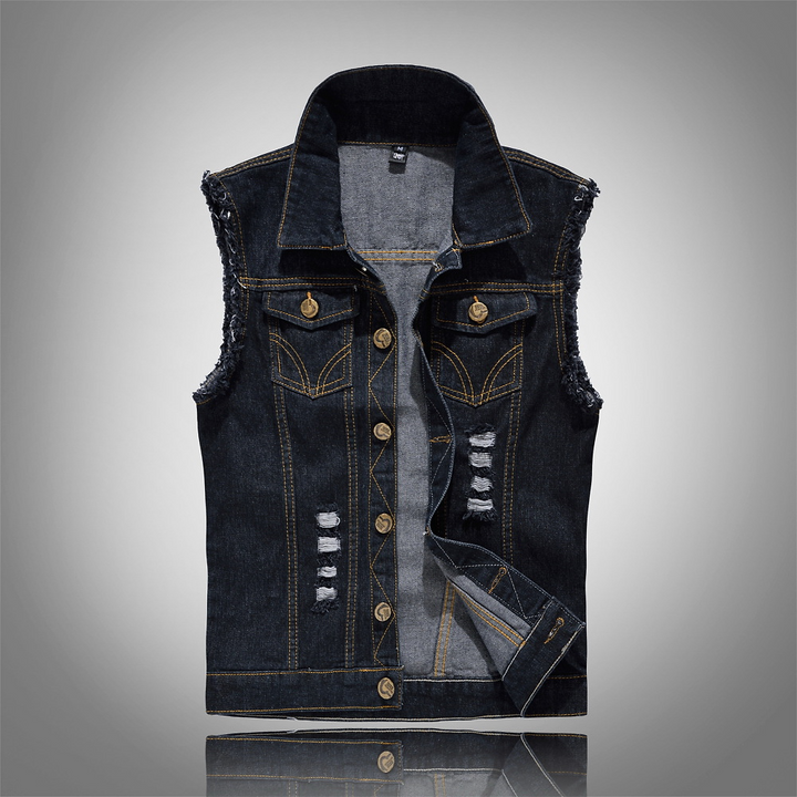 Men's Vest Denim Sleeveless Button-Up Pockets Casual