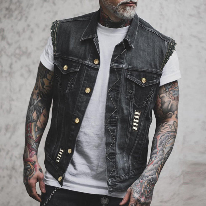 Men's Vest Denim Sleeveless Button-Up Pockets Casual