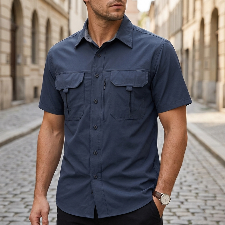 Short Sleeve Polo Button Up Shirt Utility Pocket Outdoor Men