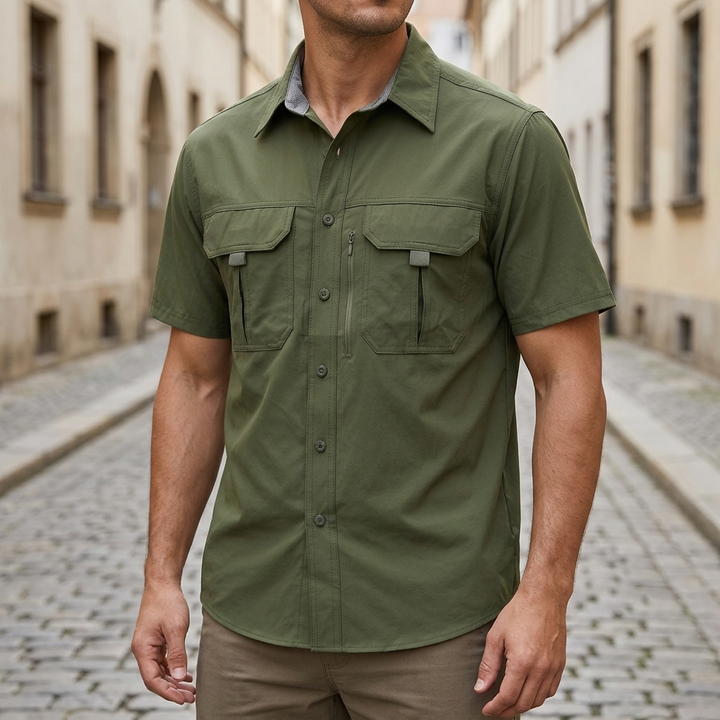Short Sleeve Polo Button Up Shirt Utility Pocket Outdoor Men