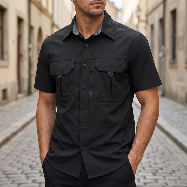 Short Sleeve Polo Button Up Shirt Utility Pocket Outdoor Men