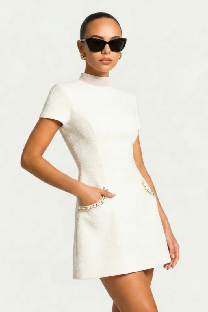 Women's Mini Dress Lace Slim Fit Short Sleeve High Neck Pockets