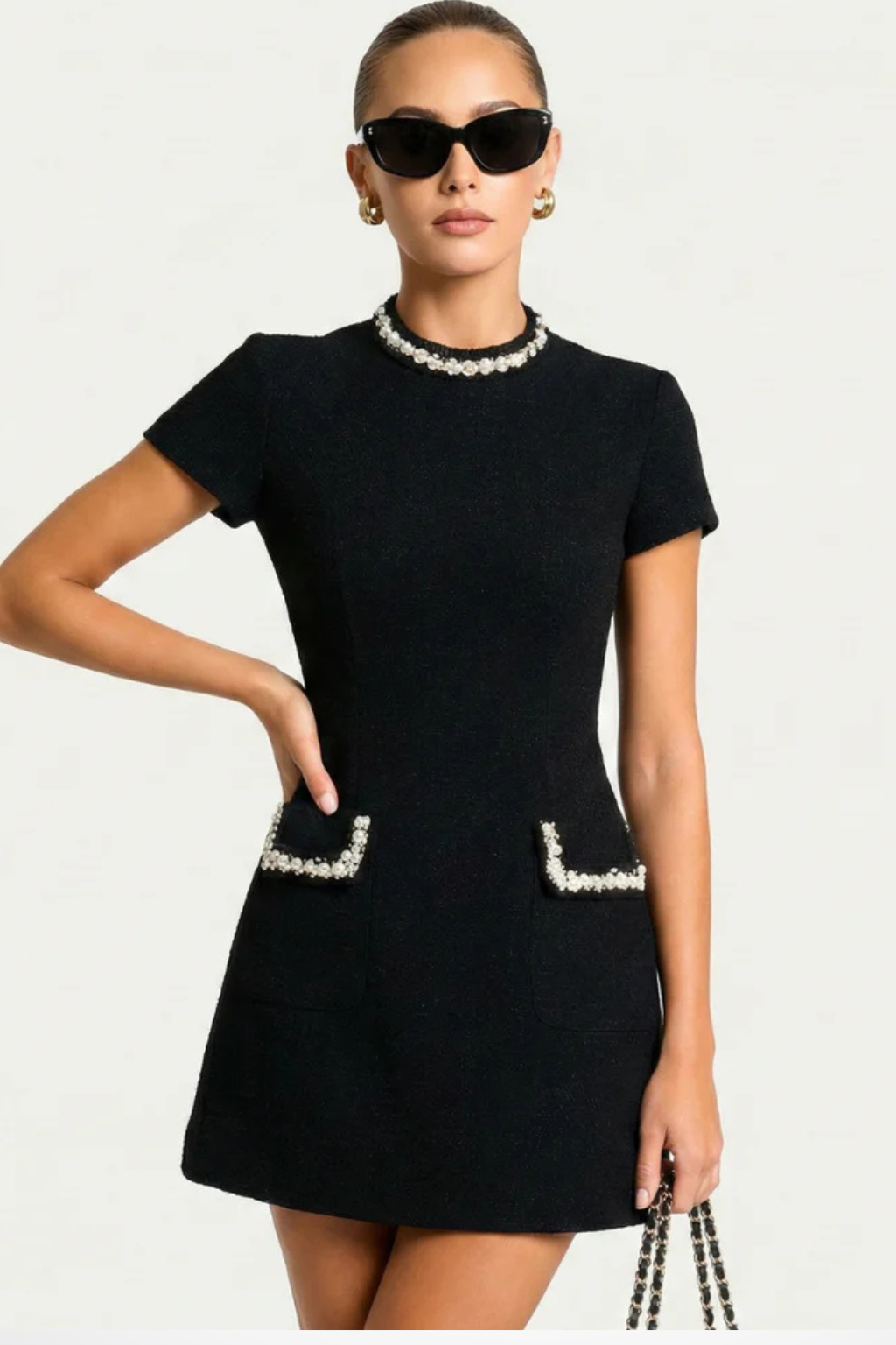Women's Mini Dress Lace Slim Fit Short Sleeve High Neck Pockets