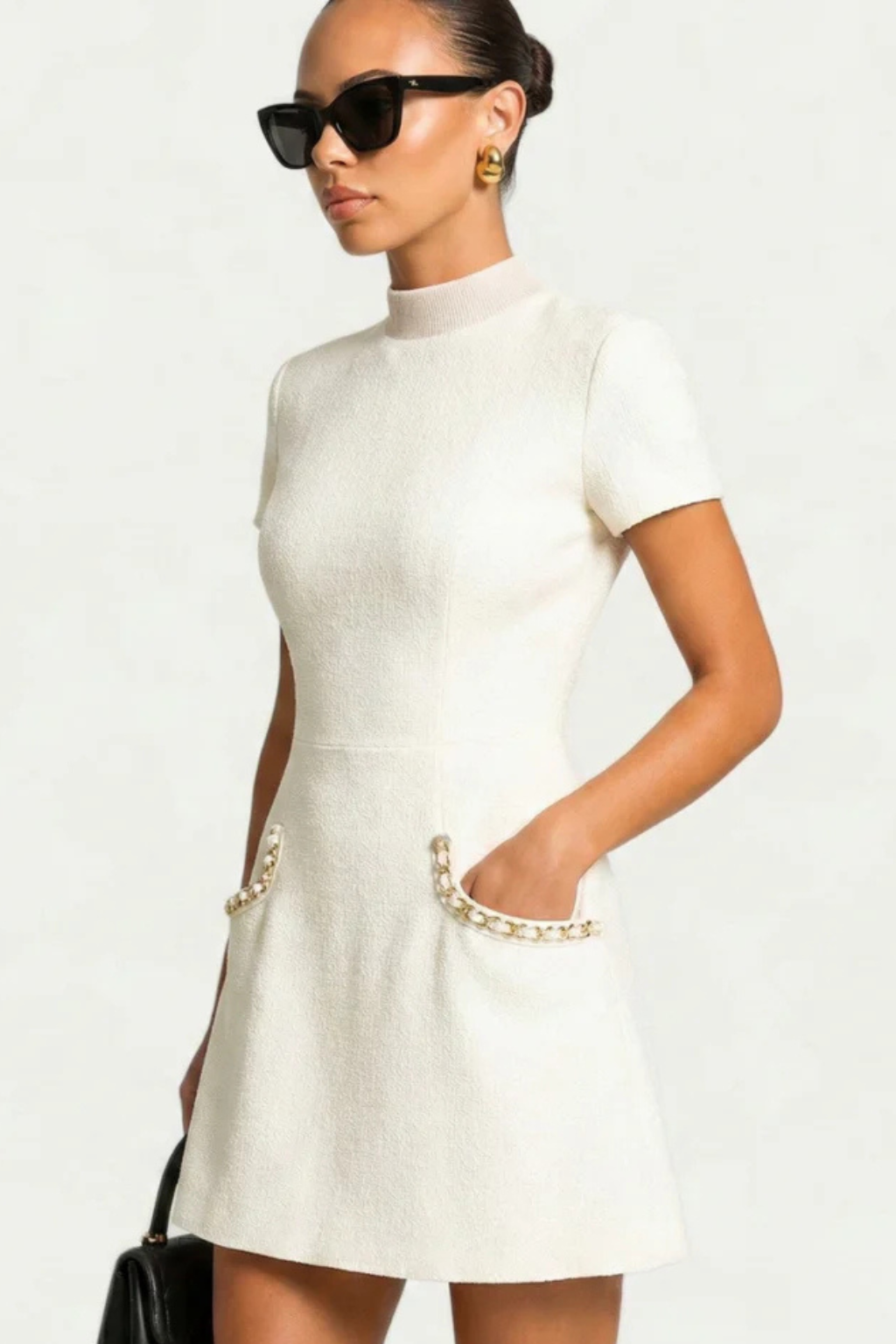 Women's Mini Dress Lace Slim Fit Short Sleeve High Neck Pockets
