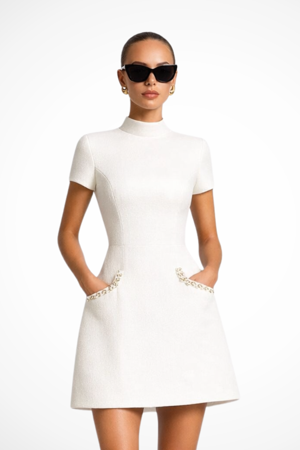 Women's Mini Dress Lace Slim Fit Short Sleeve High Neck Pockets