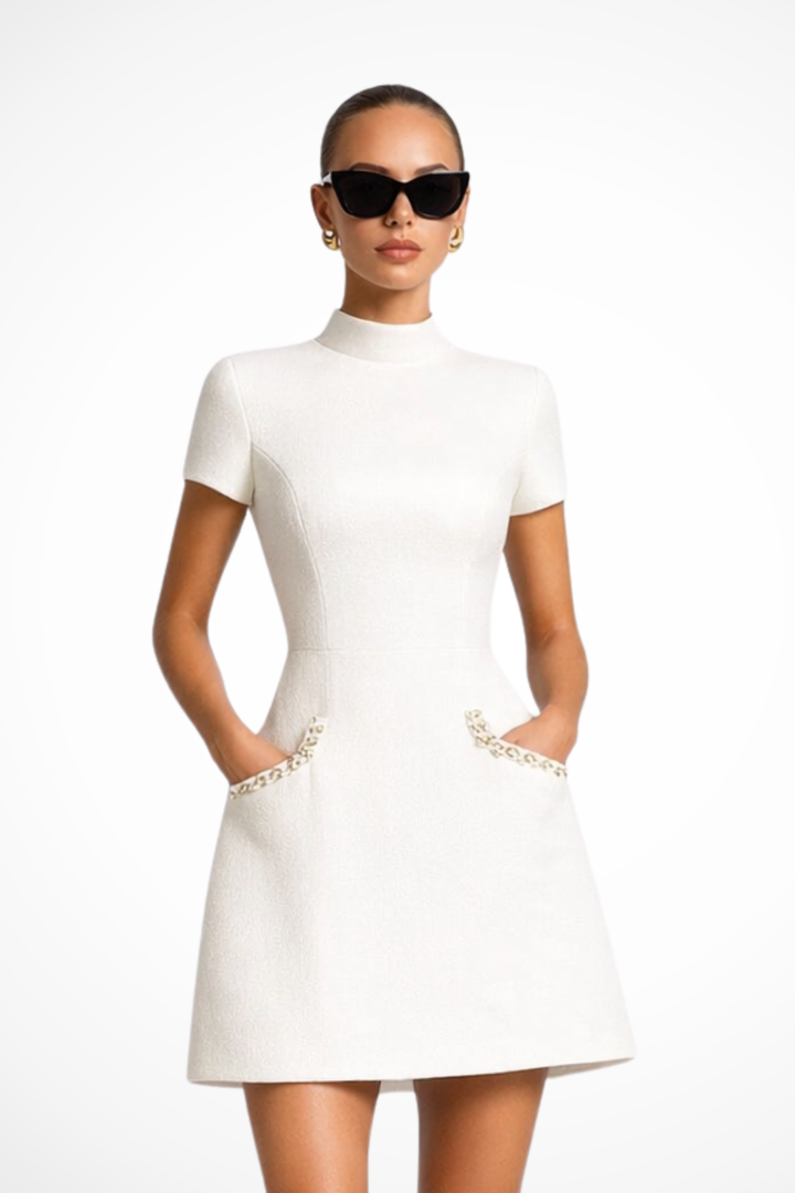 Women's Mini Dress Lace Slim Fit Short Sleeve High Neck Pockets