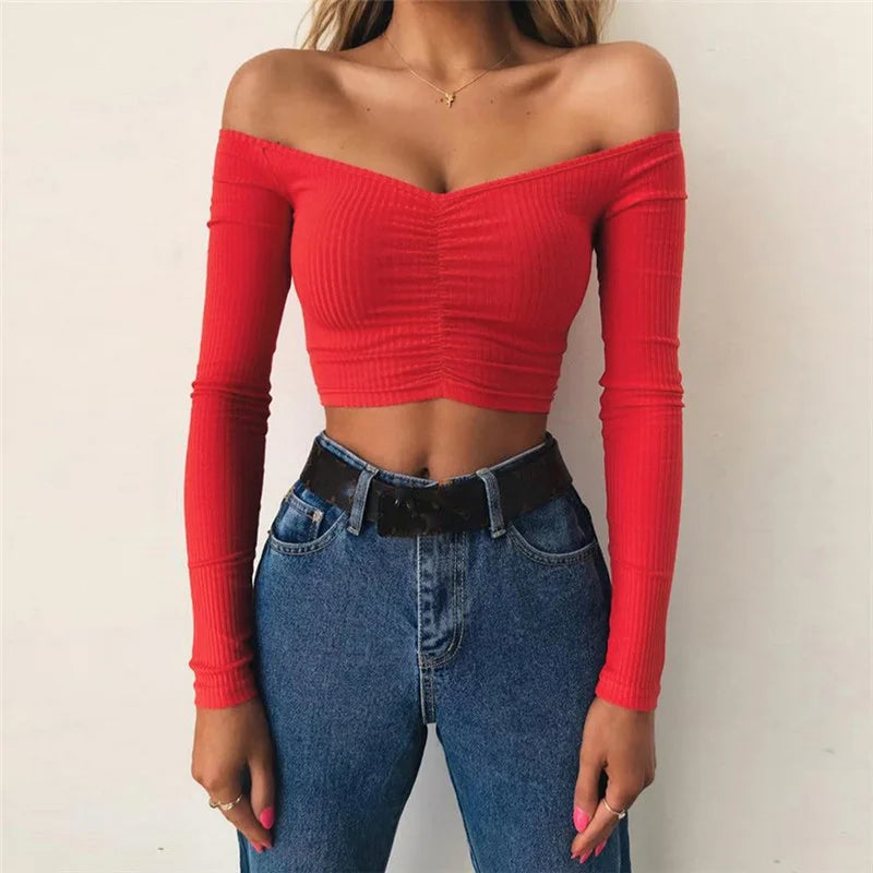 Women's Crop Top Off Shoulder Slim Fit Long Sleeve Stretch