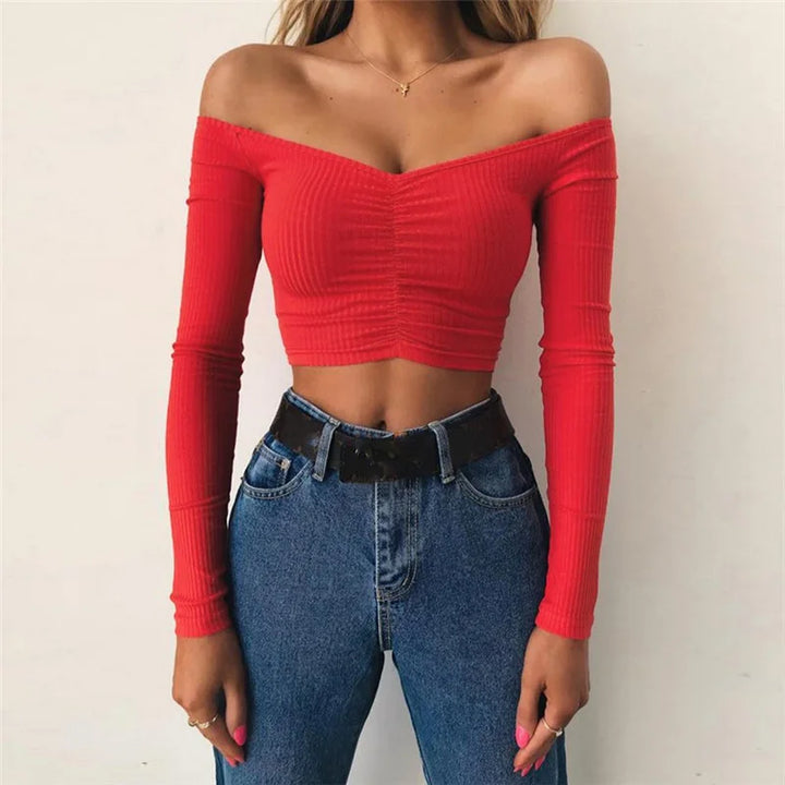 Women's Crop Top Off Shoulder Slim Fit Long Sleeve Stretch