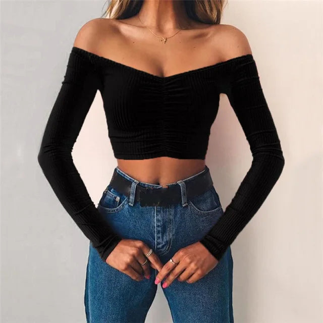Women's Crop Top Off Shoulder Slim Fit Long Sleeve Stretch