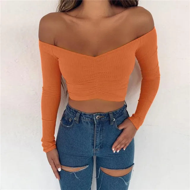 Women's Crop Top Off Shoulder Slim Fit Long Sleeve Stretch