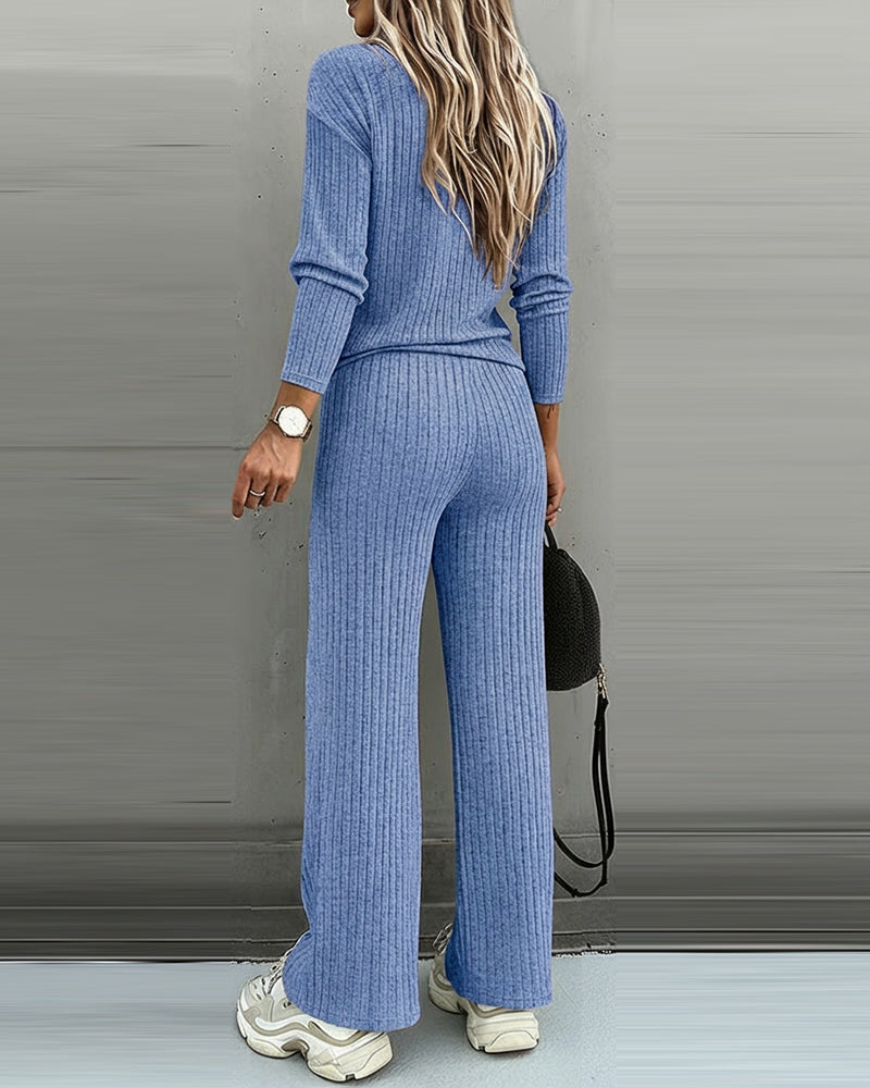 Women's Two Piece Set Ribbed Knit Relaxed Fit V-Neck Long Sleeve Straight Leg