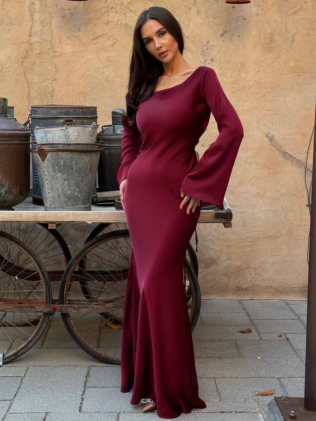Women's Satin Maxi Dress Long Sleeve A-Line Empire Waist