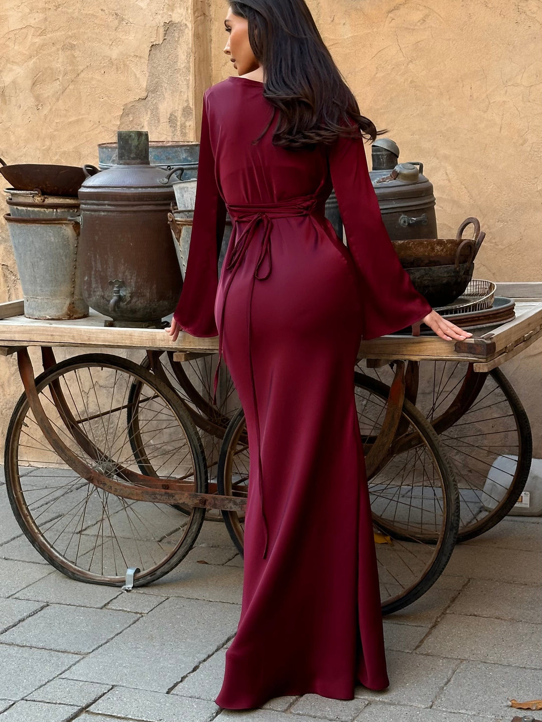 Women's Satin Maxi Dress Long Sleeve A-Line Empire Waist
