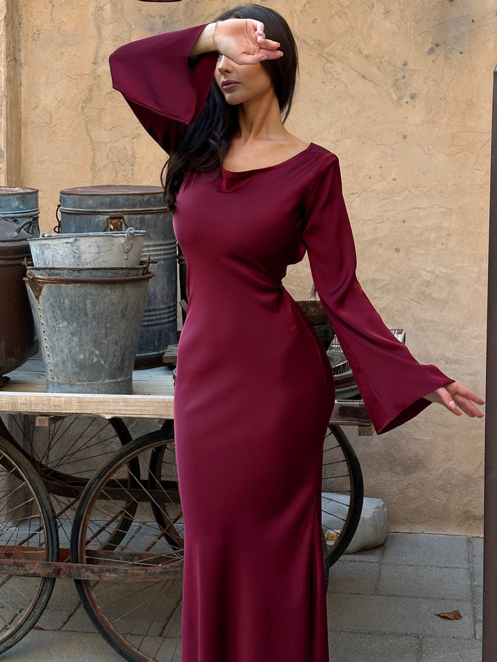 Women's Satin Maxi Dress Long Sleeve A-Line Empire Waist